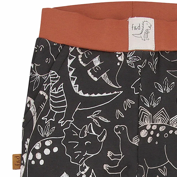 Een leuk broekje met zwarte ondergrond en witte dino print uit de Dino Park collectie van Frogs and Dogs. Het broekje heeft aan de zijkant 2 zakjes en een elastische broeksband. Broeksband en boorden pijpjes zijn in het bruin.