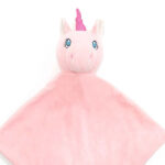 Cubbies knuffeldoekje Aurora in roze met glitterhoorn, blauwe oogjes en knoopjes in de hoeken