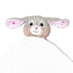 Cubbies sensory knuffeldoekje Bubblegum met grijs ribfluweel, witte pluche buik en roze oortjes met sterren