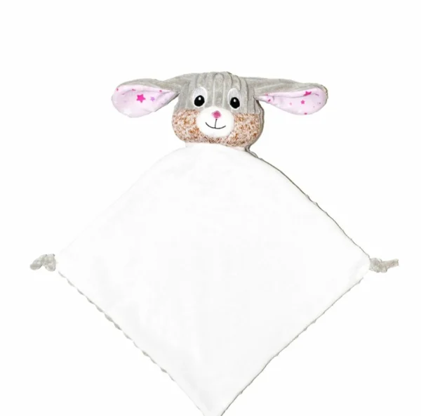 Bubblegum heeft een grijs ribfluwelen lichaam. Haar buik is gemaakt van zachte witte pluche stof. In de hoekjes van het doekje zitten 2 knoopjes.