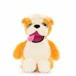 Knuffel Barcus McDribble met goudbruine vacht rode mond ecru buik en verborgen rits