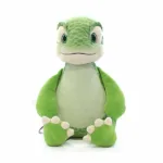 Groene dinosaurusknuffel Big Mike met vlekkenpatroon lichtgroene buik en witte tenen