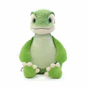 Groene dinosaurusknuffel Big Mike met vlekkenpatroon lichtgroene buik en witte tenen