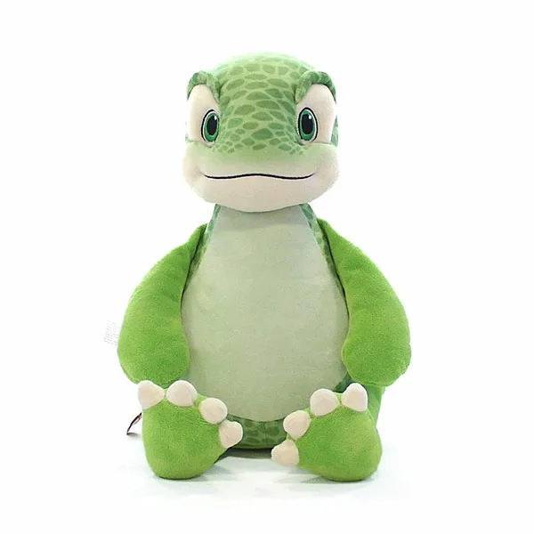 Groene dinosaurusknuffel Big Mike met vlekkenpatroon lichtgroene buik en witte tenen