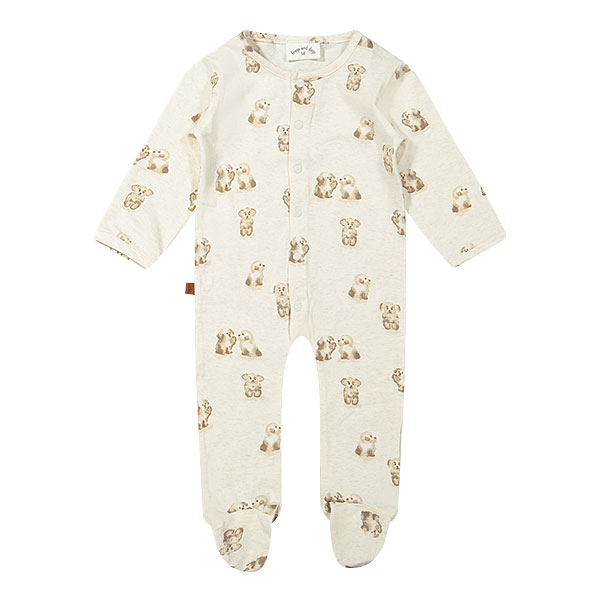 Dit mooie boxpakje met voetjes komt uit de collectie Organic van Frogs and Dogs. Het boxpakje heeft een leuke print van hondjes. Op de voorkant zitten drukkertjes. Tussen de beentjes niet, daar is het gestikt. Dit pakje is voorzien van voetjes, dus sokjes heb je niet nodig.