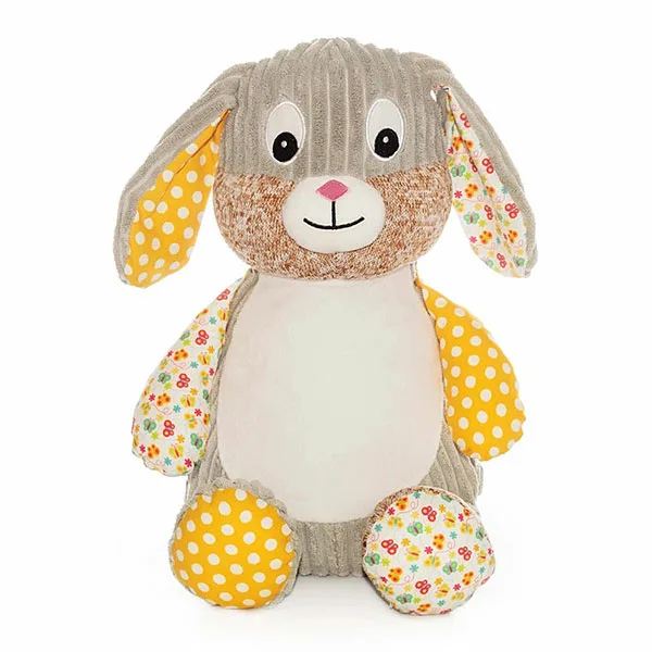 Cubbies Clovis Brampton Sensory Bunny Sunshine met grijs corduroy lijf, bloemenprint en gele stippenstof