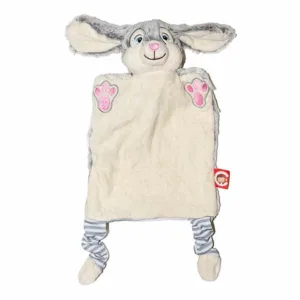 Clovis Brampton Bunny is hier in de uitvoering van een handpop. De voetjes van de voorpootjes zijn geborduurd en de achterpootjes hangen onder het doekje. In de achterpootjes zit elastiek waardoor ze gerimpeld zijn.