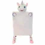 Aurora Unicorn is hier in de uitvoering van een handpop. De voetjes van de voorpootjes zijn geborduurd en de achterpootjes hangen onder het doekje. In de achterpootjes zit elastiek waardoor ze gerimpeld zijn.