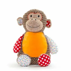 Cubbies Sensory Huggles met bruin corduroy lijf, oranje buik en stoffen met gekleurde stippen