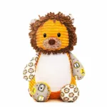 Cubbies Sensory Numbutu met oranje corduroy lijf, stoffen met leeuwengezichten en bruine manen