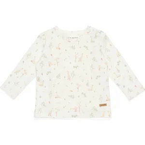 Een schattig gebroken wit shirt van zacht katoen met lange mouw van Little Goose. Het shirtje heeft een over-all print van ganzen en vijverplanten.