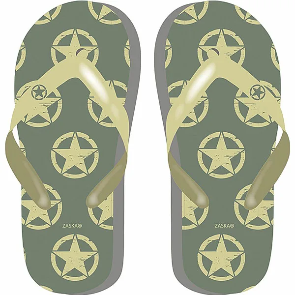 Stoere teenslippers in de kleur legergroen. De teenslippers hebben een bedrukking van gele sterren. Heerlijk voor naar het strand of het zwembad.