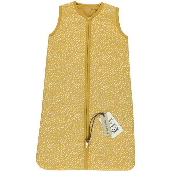 Een mooie en makkelijke slaapzak zonder mouw van Briljant Baby in het design Minimal Ochre. Deze slaapzak heeft een leuke print van witte stippen op een okergele achtergrond.