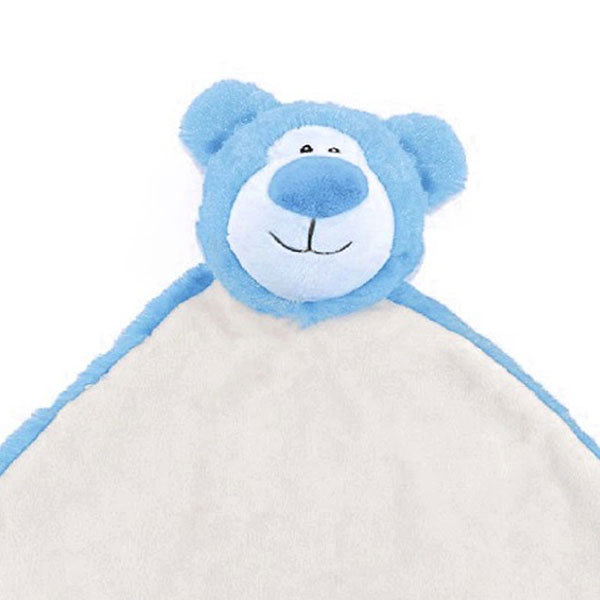 Cubbies knuffeldoekje Cubbyford met blauw hoofdje, witte buik, pluche neus en knoopjes in de hoeken