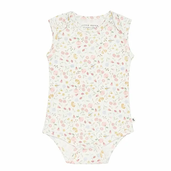 Een schattig gebroken wit rompertje Flowers & Butterflies zonder mouwen van zacht katoen Little Dutch. Het rompertje heeft een over-all print van vlinders en bloemen.