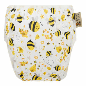 Hier de leuke zwemluier met drukkers Bees wit van HappyBear. De zwemluier Bees is bedrukt met bijen, bloemen en honingraden.