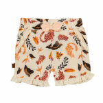 Hier vindt je het leuke korte broekje met dierenprint uit de collectie Jungle van Frogs en Dogs. Deze korte broek in de kleur ecru met een bonte print van jaguars & bladeren in de kleuren rood, bruin en oranje is gemaakt van zachte materialen.
