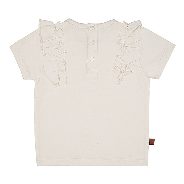 Dit leuke off white shirtje met korte mouwen komt uit de Spring Summer Crush collectie van Frogs and Dogs. Op de voorkant van het shirtje staat een schattige print van besjes met de tekst 'Best fruit Forever". Het shirtje heeft aan de zijkant van de hals aan beide kant een ruche rand zitten.