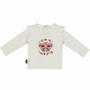 Dit leuke witte shirtje met lange mouwen komt uit de Flower Power collectie van Frogs and Dogs. Op de voorkant is de tekst geborduurd Free as a Butterfly en een mooie vlinder. De bovenkant van de mouwen zijn afgewerkt met een rucherand.