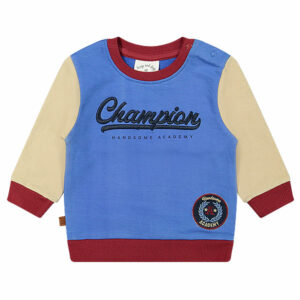 Dit stoere sweater in de kleur blauw, rood & beige komt uit de collectie Handsome Academy van Frogs and Dogs. De sweater heeft op de voorkant groot in het blauw de tekst staan 'Champion'. De letters zijn geborduurd op de sweater en links onderin is het logo van de collectie.