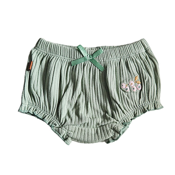 Deze mooie groene bloomer komt uit de Spring Summer Crush collectie van Frogs and Dogs. De bloomer is ook gemaakt van groene rib stof en heeft op de voorzijde de geborduurde besjes. Aan de bovenkant zit een elastische broekrand en de pijpjes zijn 'geborduurd' waardoor je een speelse geschulpte rand krijgt.