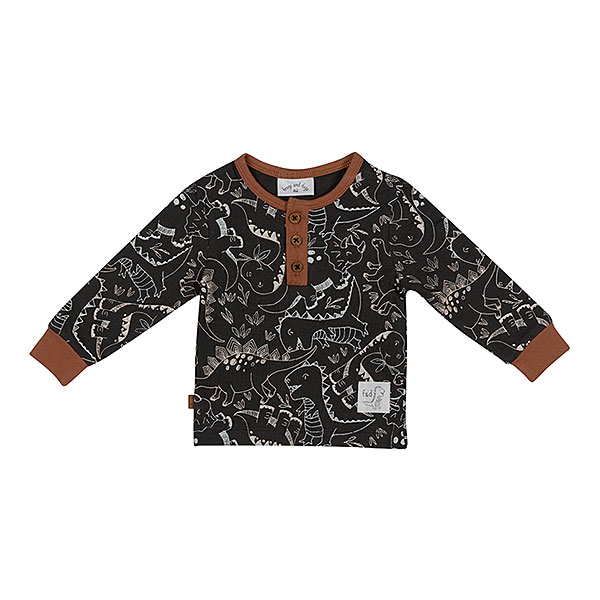 Dit stoere shirtje met lange mouw in de kleur zwart komt uit de collectie Dino Park van Frogs and Dogs. Het shirtje heeft een overal print van Dino's in de kleur wit. De boorden van de mouwen zijn bruin van kleur en de hals is afgezet met een bruine bies.