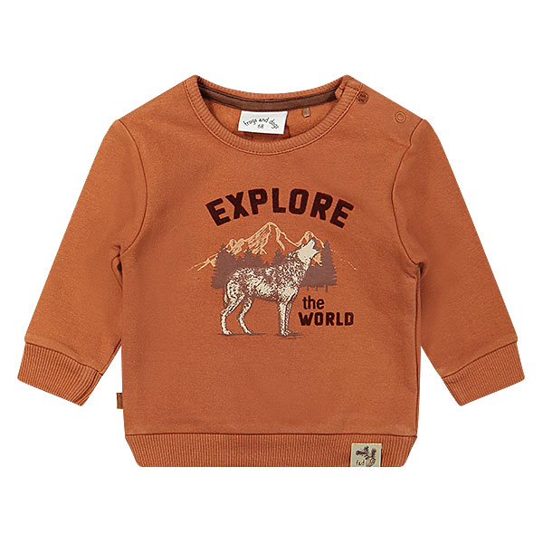 Deze stoere sweater in de kleur hazelnoot met de print van een wolf en de tekst 'Explore the World' komt uit de collectie Friends in the Woods van Frogs and Dogs. Deze hazelnoot kleurige sweater heeft aan de mouwen effen gebreide boordjes en op de linkerschouder zitten drukkertjes om het makkelijker aan en uit te trekken over het hoofdje.