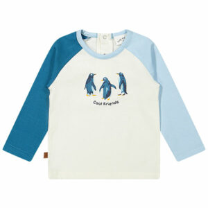 Dit stoere shirtje Pinguïn met lange mouw in de kleur crème & blauw  komt uit de collectie Polar Adventure van Frogs and Dogs. Het shirtje heeft raglan mouwen. Beide mouwen hebben een andere kleur. Op de voorzijde is een print van 3 pinguïns en de tekst Cool Friends.