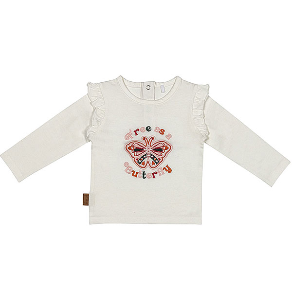 Dit leuke witte shirtje met lange mouwen komt uit de Flower Power collectie van Frogs and Dogs. Op de voorkant is de tekst geborduurd Free as a Butterfly en een mooie vlinder. De bovenkant van de mouwen zijn afgewerkt met een rucherand.