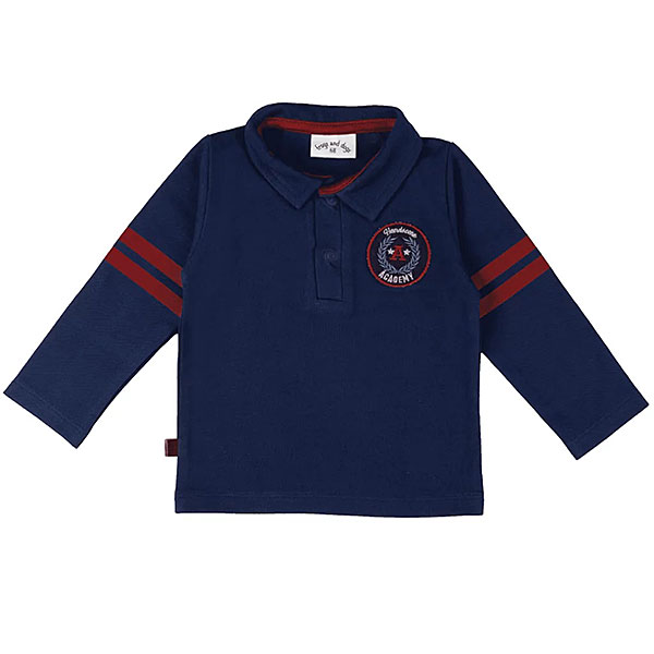 Dit mooie blauwe poloshirtje met lange mouw komt uit de collectie Handsome Academy van Frogs and Dogs. Met dit poloshirtje geef jij je kindje een chique uitstraling. Het poloshirtje heeft op de mouwen 2 orde strepen en op borsthoogte het logo genaaid van de Handsome Academy.