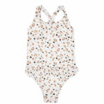 Op zoek naar een opvallende badpak? Met deze ecru kleurige badpak met panterprint van Swim Essentials valt jouw dochter zeker op. Deze badpak is in de kleur ecru met een panterprint in de kleuren bruin, zwart & roze en heeft rond de taille een ruffelrand/franjerand.