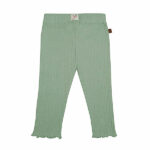 Deze mooie groene legging komt uit de Spring Summer Crush collectie van Frogs and Dogs. De legging is gemaakt van zachte rib stof. De legging heeft een elastische band met een klein sierstrikje aan de voorzijde. De pijpjes zijn enkel geborduurd, hierdoor krijg je een speelse geschulpte rand.