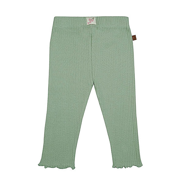 Deze mooie groene legging komt uit de Spring Summer Crush collectie van Frogs and Dogs. De legging is gemaakt van zachte rib stof. De legging heeft een elastische band met een klein sierstrikje aan de voorzijde. De pijpjes zijn enkel geborduurd, hierdoor krijg je een speelse geschulpte rand.