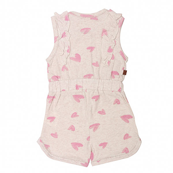 Dit schattige off white - roze gemêleerde overall komt uit de collectie Spring Breeze van Frogs and Dogs. Deze overall heeft is mouwloos en heeft een korte broek. Het pakje heeft een overall print van hartjes. De hals en armsgaten zijn afgezet met een kanten randje. Op de schouders zit een rucherand. Het pakje heeft aan de voorzijde drukkertjes. Op de taillehoogte zit een elastische rand met koord.