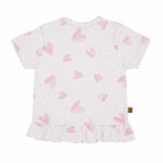 Dit leuke shirtje Hearts met korte mouw komt uit Spring Breeze collectie van Frogs and Dogs. Het shirtje is off white - roze gemêleerd met een allover print van roze hartjes. De hals is afgezet met een kanten randje. De onderkant van het shirt heeft een schulprand wat een speels effect geeft. Op de linkerschouder zitten 2 drukkertjes.