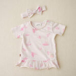 Dit leuke shirtje Hearts met korte mouw komt uit Spring Breeze collectie van Frogs and Dogs. Het shirtje is off white - roze gemêleerd met een allover print van roze hartjes. De hals is afgezet met een kanten randje. De onderkant van het shirt heeft een schulprand wat een speels effect geeft. Op de linkerschouder zitten 2 drukkertjes.