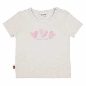 Dit leuke shirtje Always Happy met korte mouw komt uit Spring Breeze collectie van Frogs and Dogs. Het shirtje is off white - roze gemĂȘleerd. Aan de voorzijde een bedrukking van 3 roze hartjes met daaronder de tekst Always Happy. Op de linkerschouder zitten 2 drukkertjes.Â