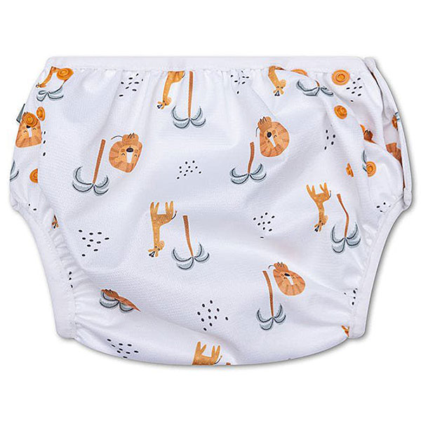 Hier de leuke zwemluier met drukkers Jungle wit van Swim Essentials. De zwemluier Jungles is bedrukt met leeuwen, giraffen & palmbomen. Het zwembroekje heeft elastische randen om de benen en taille.