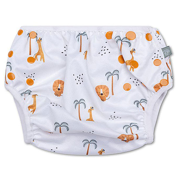 Hier de leuke zwemluier met drukkers Jungle wit van Swim Essentials. De zwemluier Jungles is bedrukt met leeuwen, giraffen & palmbomen. Het zwembroekje heeft elastische randen om de benen en taille.