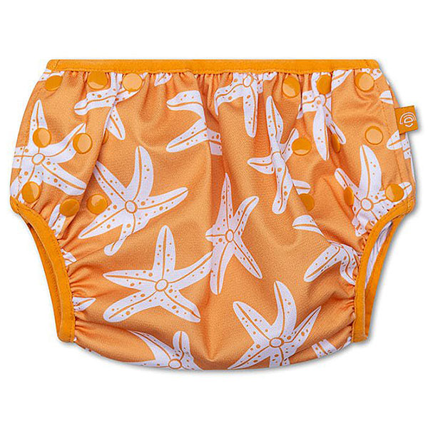 Hier de leuke oranje zwemluier met drukkers Sea Star van Swim Essentials. De zwemluier Sea Star is bedrukt met zeesterren in de kleur wit.