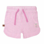 Hier vindt je het leuke gestreepte korte broekje uit de collectie Spring Breeze van Frogs en Dogs. Deze korte broek is gemaakte van gestreepte stof in de kleur roze/wit. Het broekje heeft aan de voorzijde 2 nep steekzakje. De pijpjes van het broekje lopen rond.