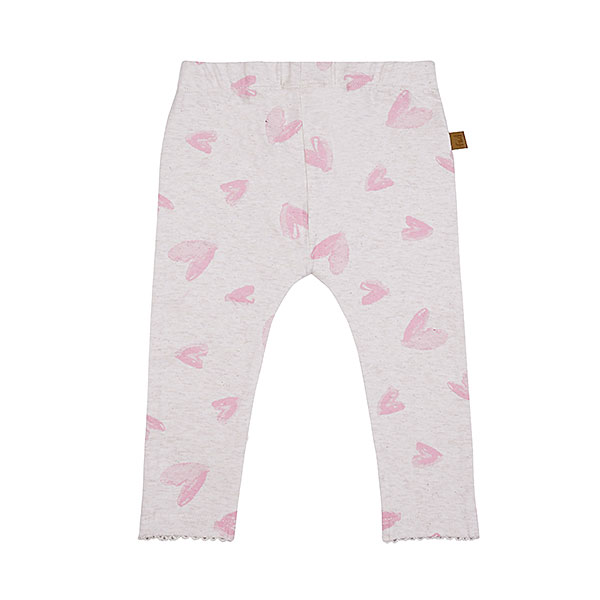 Deze schattige legging komt uit de Spring Breeze collectie van Frogs and Dogs. Het is gemaakt van offwhite - roze gemêleerde stof en heeft een overall print van roze hartjes. Aan de bovenzijde zit een elastische tailleband. De pijpjes zijn onderaan gezoomd en afgezet met een kanten randje.