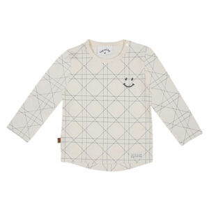 Dit leuke shirtje met lange mouw in de kleur  off white / gebroken wit komt uit de Smile Club collectie van Frogs and Dogs. Het shirtje is gemaakt van zacht katoen. Het shirtje heeft een overall print strepen print in de kleur blauw. De strepen zijn in ruitvorm & blokken. Op de linkerzijde voor zit op borsthoogte een geborduurde Smiley.