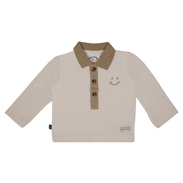 Dit leuke polo shirtje met lange mouw in de kleur beige komt uit de Smile Club collectie van Frogs and Dogs. Het shirtje is gemaakt van zacht katoen. Het shirtje is effen van kleur. De kraag en knoopsluiting zijn uitgevoerd in een donkerdere kleur. Op de linkerzijde voor zit op borsthoogte een geborduurde Smiley.