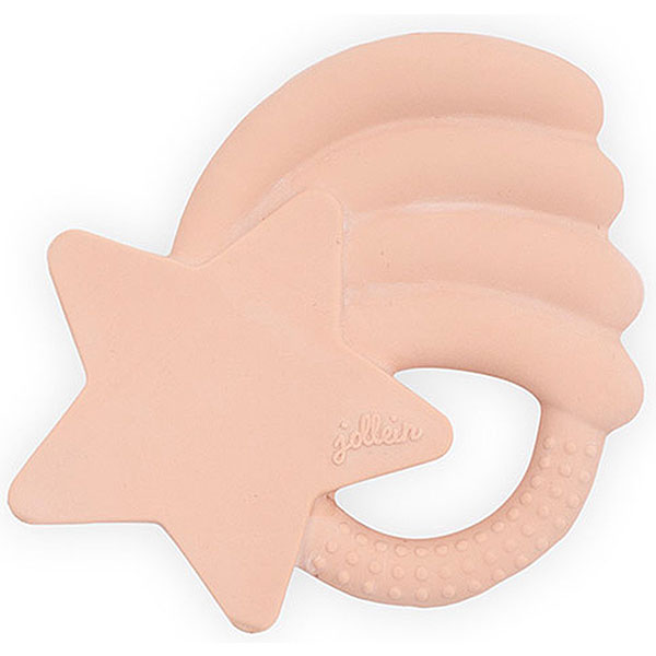Op deze mooie bijtring Falling Star in de kleur roze van Jollein kan je kleintje heerlijk sabbelen en bijten. De bijtring is gemaakt van 100% natuurlijke rubber en bevat geen schadelijke stoffen. Bij doorkomende tandjes kan het extra fijn zijn om de bijtring voor gebruik in de koelkast te leggen (nóóit in de vriezer). De koude bijtring verdooft het vervelende gevoel op het tandvlees een beetje.