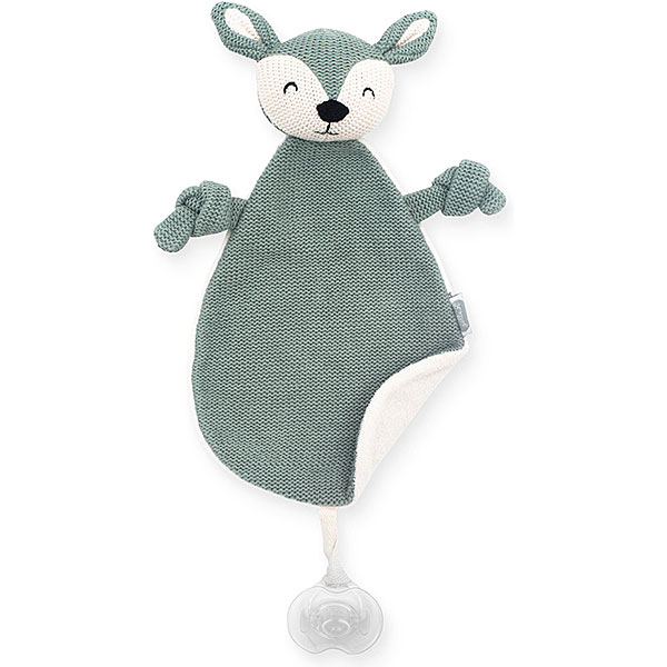 Dit leuke knuffeldoekje Deer Ash Green komt uit de collectie van Jollein en kan de hele dag met jouw baby knuffelen. Het doekje is gebreid aan de voorzijde en heeft een zachte achterkant van fleece materiaal in de kleur crème. Het doekje heeft het hoofdje van een hertje en een lusje waarmee je hem ook aan de speen kan bevestigen. Zo raak de speen minder snel kwijt.