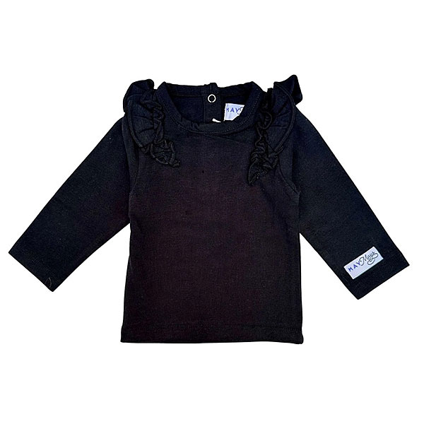 Dit mooie zwarte shirt lange mouw met Ruffles komt uit de collectie Rosie van May Mays. Het shirtje heeft lange mouwen en op de schouders is een ruffle rand gemaakt. In dit shirtje zal jouw kleintje zeker schitteren. De boordjes zijn gemaakt van dezelfde stof. Op de achterzijde zitten 3 drukkertjes.