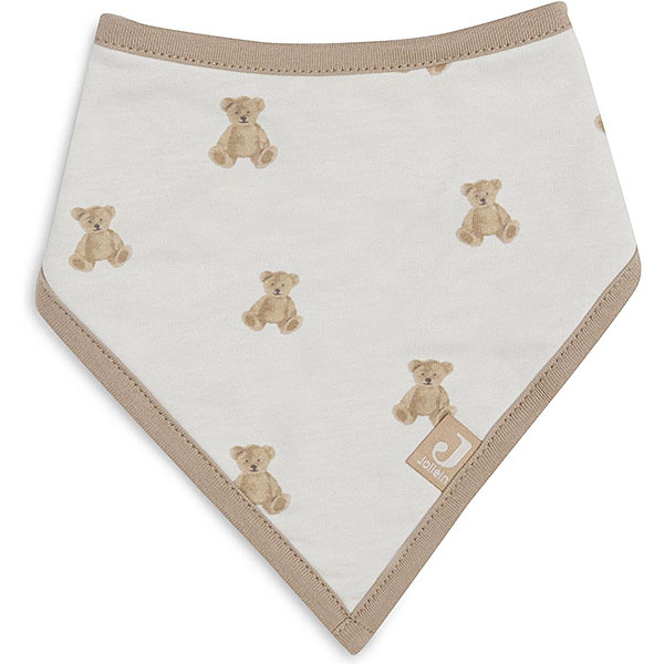 Handige en leuke bandana slabben van Jollein gemaakt van zachte hydrofiel stof. Deze bandana slabben zijn effen ecru van kleur met een leuke print van teddyberen. De slabben zijn afgezet met een bruine bies en de binnenzijde is gemaakt van zachte stof . De slabben zijn voorzien van 2 drukknoopjes zodat ze verstelbaar zijn in maat. Een bandana slab beschermt de kleertjes van je kindje tegen kwijlen gedurende de dag.