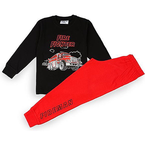 Hier vind je de stoere pyjama Fire Fighter - Brandweer. Deze pyjama komt uit de nieuwe serie van Fun2Wear. Deze serie heeft een verbeterde stofkwaliteit waardoor die mooier blijft na het wassen. Deze pyjama bestaat uit een shirt met lange mouwen en een broek met lange pijpen. Op het shirtje staat in het groot een brandweerwagen met de tekst Fire Fighter. Het broekje is rood met op de linker broekspijp de tekst Fireman in het zwart.