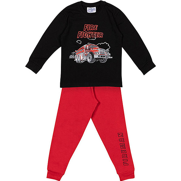 Hier vind je de stoere pyjama Fire Fighter - Brandweer. Deze pyjama komt uit de nieuwe serie van Fun2Wear. Deze serie heeft een verbeterde stofkwaliteit waardoor die mooier blijft na het wassen. Deze pyjama bestaat uit een shirt met lange mouwen en een broek met lange pijpen. Op het shirtje staat in het groot een brandweerwagen met de tekst Fire Fighter. Het broekje is rood met op de linker broekspijp de tekst Fireman in het zwart. 